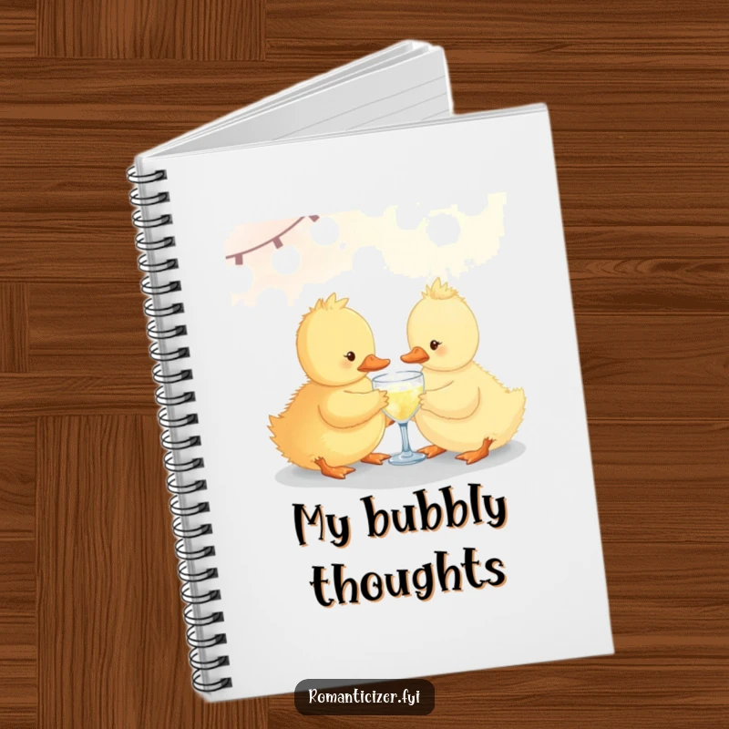 Funny duckling notebook cover showing a duckling sharing a small sparkling drink under soft lights, perfect for jotting down fun ideas.