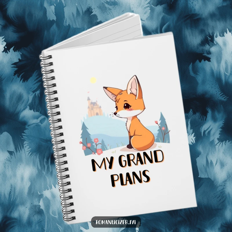 Funny notebook cover showing a charming fox wistfully gazing at a distant, glowing castle.