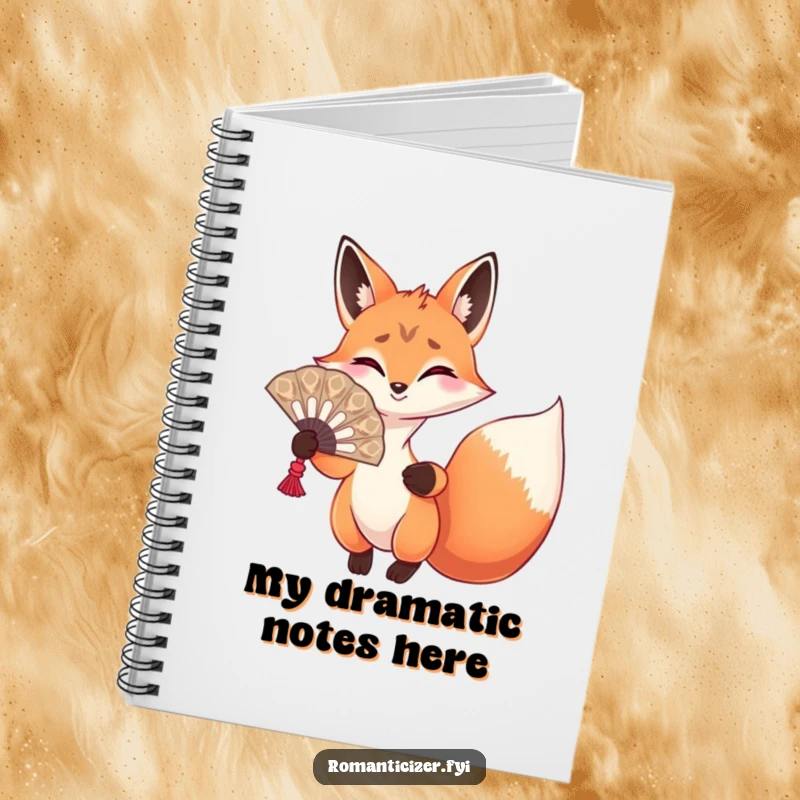 Funny fox notebook with a playful fox holding a fan and gesturing dramatically, perfect for jotting down dramatic ideas.