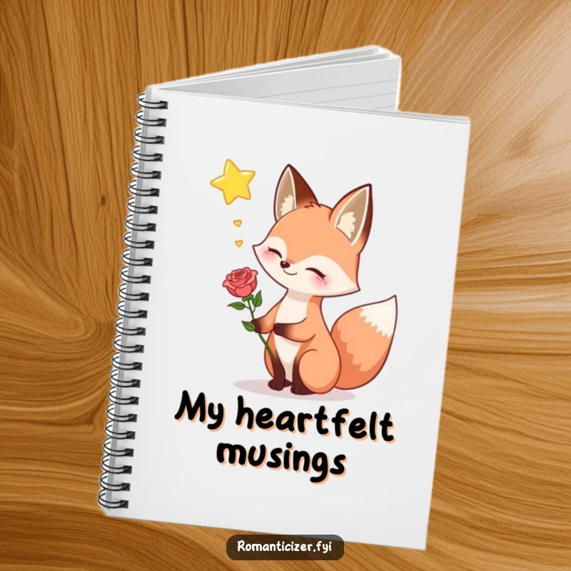 Funny fox notebook, showing a happy fox holding a rose and sighing dreamily towards a star, perfect for romantic journaling.