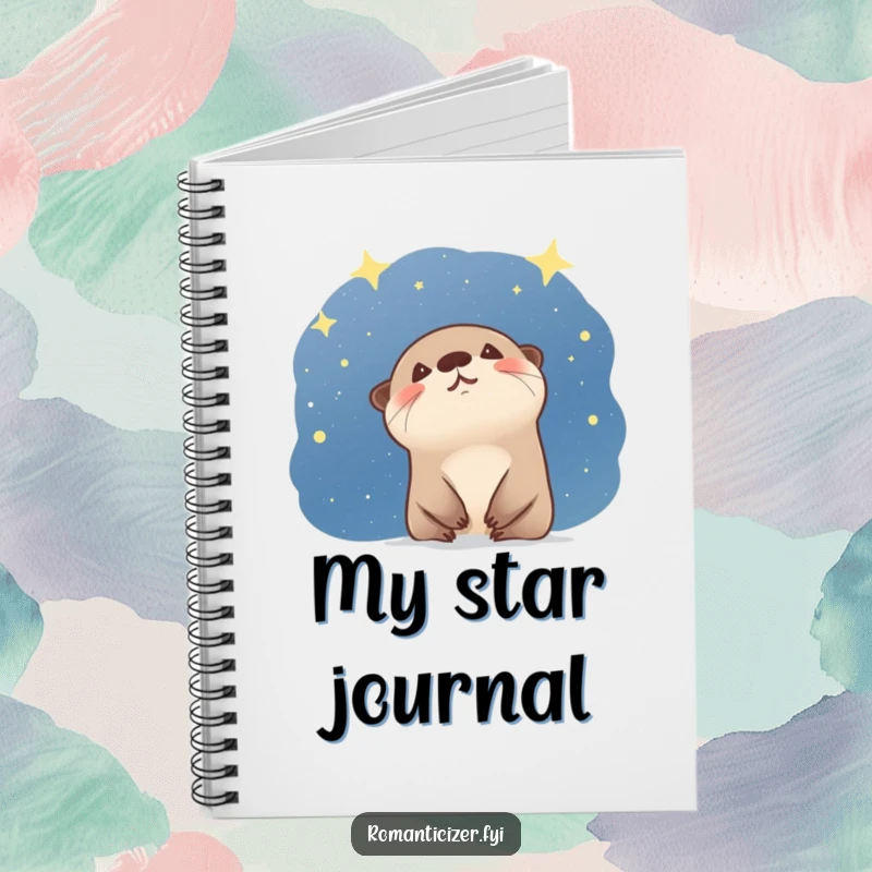 Funny otter notebook with a giggling creature looking at a starry night sky, perfect for humorous note-taking. Cute gift.