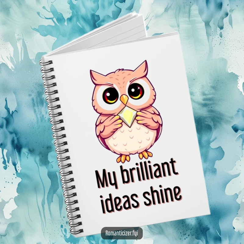 Funny notebook featuring a happy owl presenting a perfectly crafted jewel, ideal for jotting down wise thoughts.