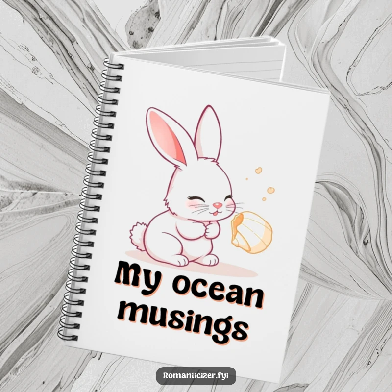 Funny Rabbit Notebook displaying a curious rabbit listening with delight to a seashell, inspiring wonder and creativity.