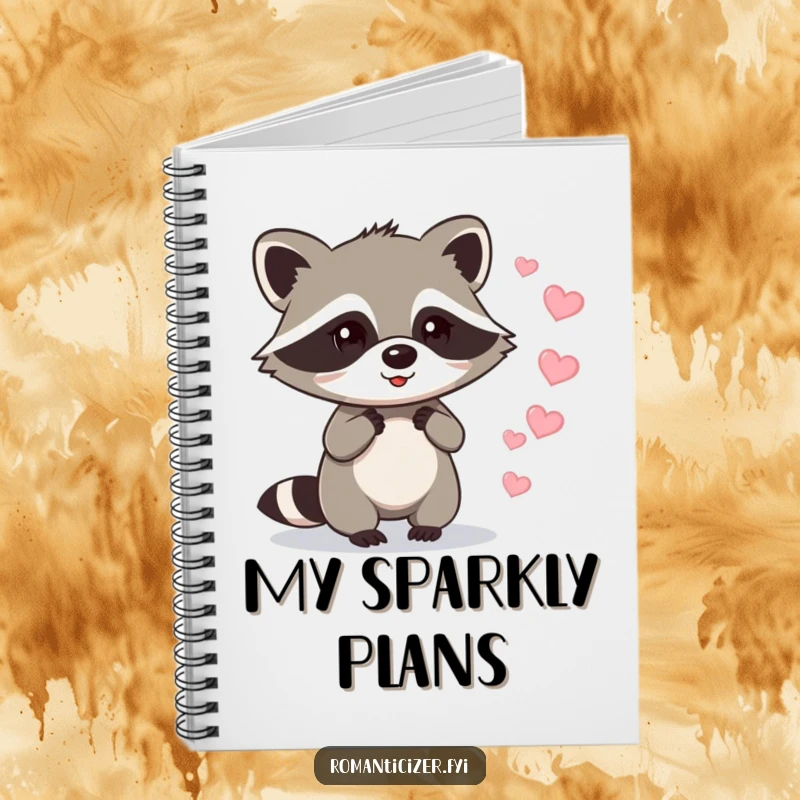 Funny raccoon notebook cover showing a raccoon leaving a trail of sparkling hearts, great for jotting funny love notes.