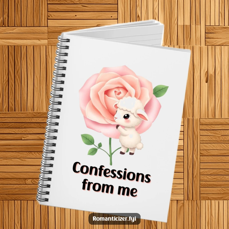 Funny Notebook cover featuring a sheep whispering to a blooming rose, designed for capturing thoughts with a touch of gentle humor.