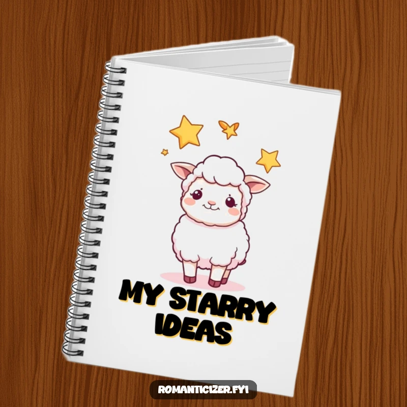 Funny sheep notebook with a content sheep gazing at two intertwined stars, perfect for capturing peaceful thoughts.