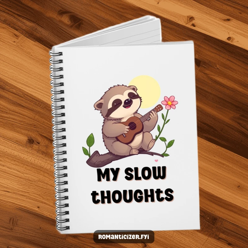 Funny notebook, a sloth humorously playing a guitar to serenade a flower under the moon, for jotting down calm thoughts and melodies.