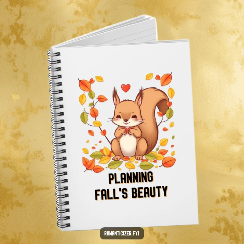 Funny squirrel notebook with a cover showing a squirrel arranging fallen leaves into a heart, perfect for capturing creative ideas.