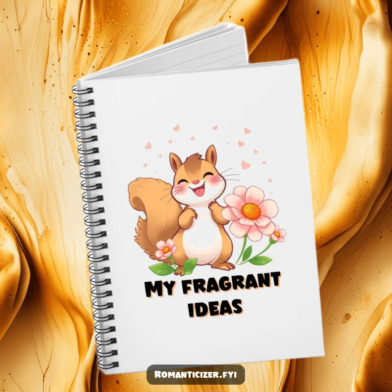 Funny Squirrel Notebook displaying a joyful squirrel showering a flower with perfume, inspiring nature notes.