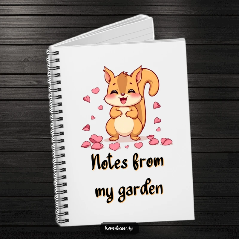 Funny notebook with a delighted squirrel scattering rose petals, designed for capturing joyful thoughts and creative ideas humorously.