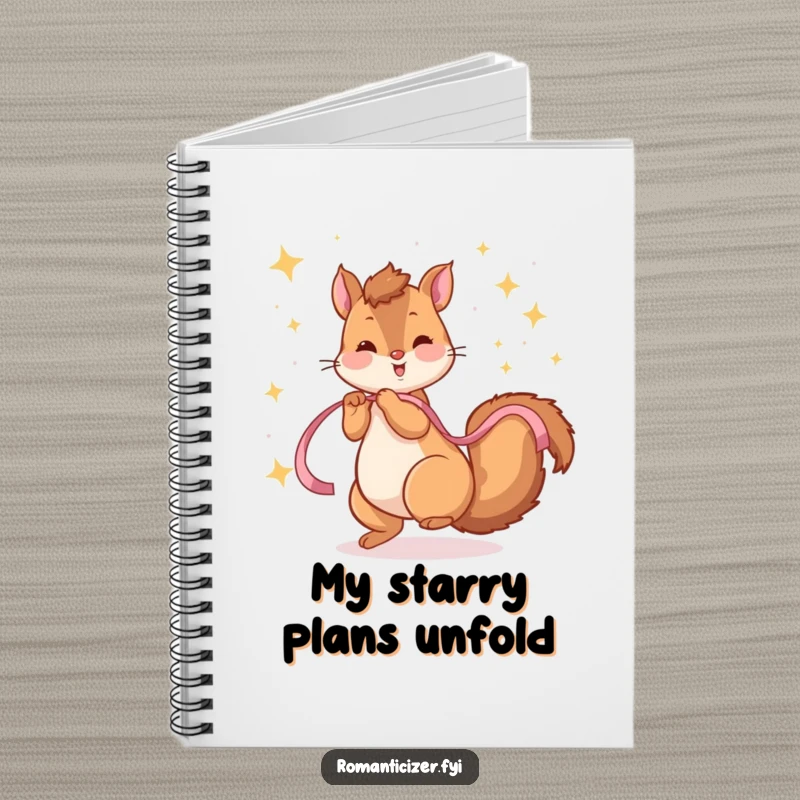 Funny notebook featuring a playful squirrel twirling with a ribbon under sparkling stars, perfect for writing starry ideas.