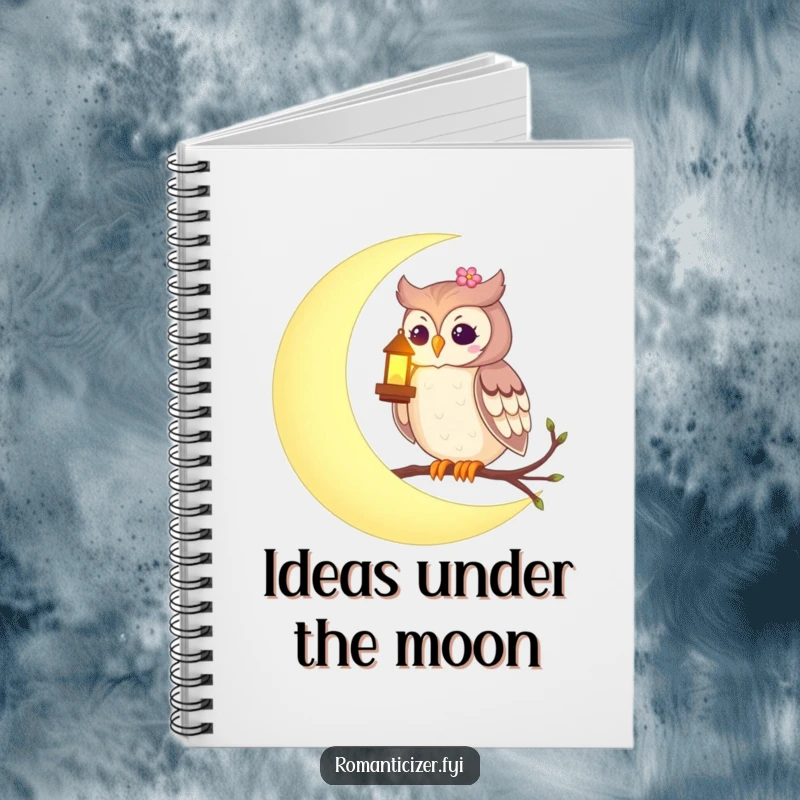 Funny notebook featuring a romantic owl on a crescent moon, holding a glowing lantern, for jotting down enchanted thoughts.