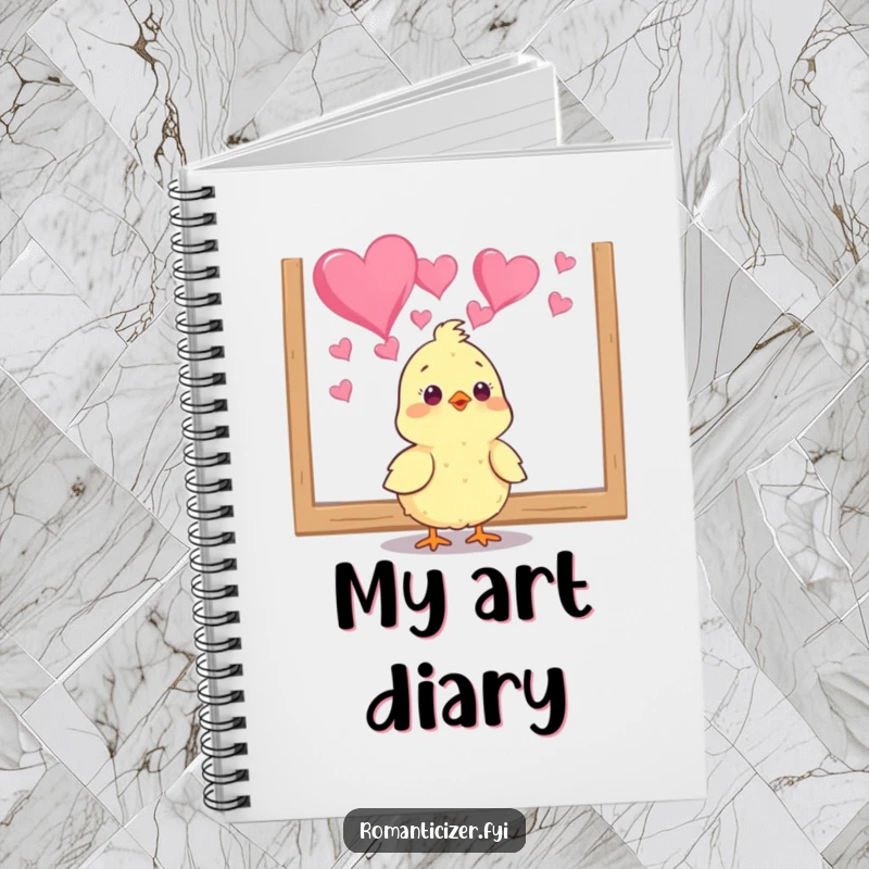 Funny chick notebook with a bird gazing at heart art, perfect for creative writing and humorous journaling. Cute gift.