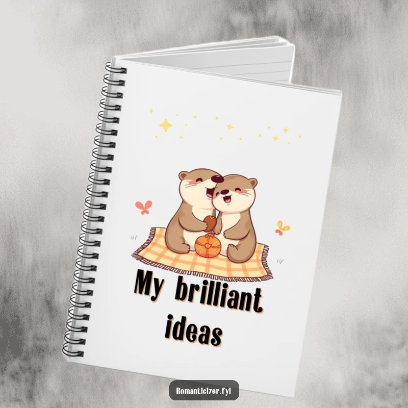 Funny notebook cover showing a cheerful otter enjoying a picnic under a starry night sky.