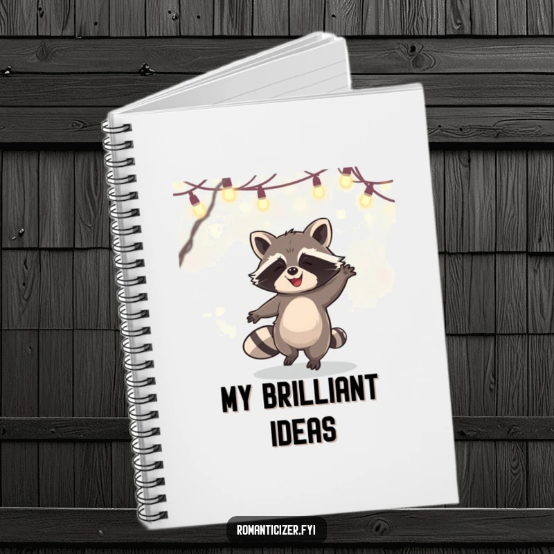 Funny Notebook cover featuring a joyous raccoon dancing under whimsical fairy lights, perfect for capturing thoughts with a touch of humor.