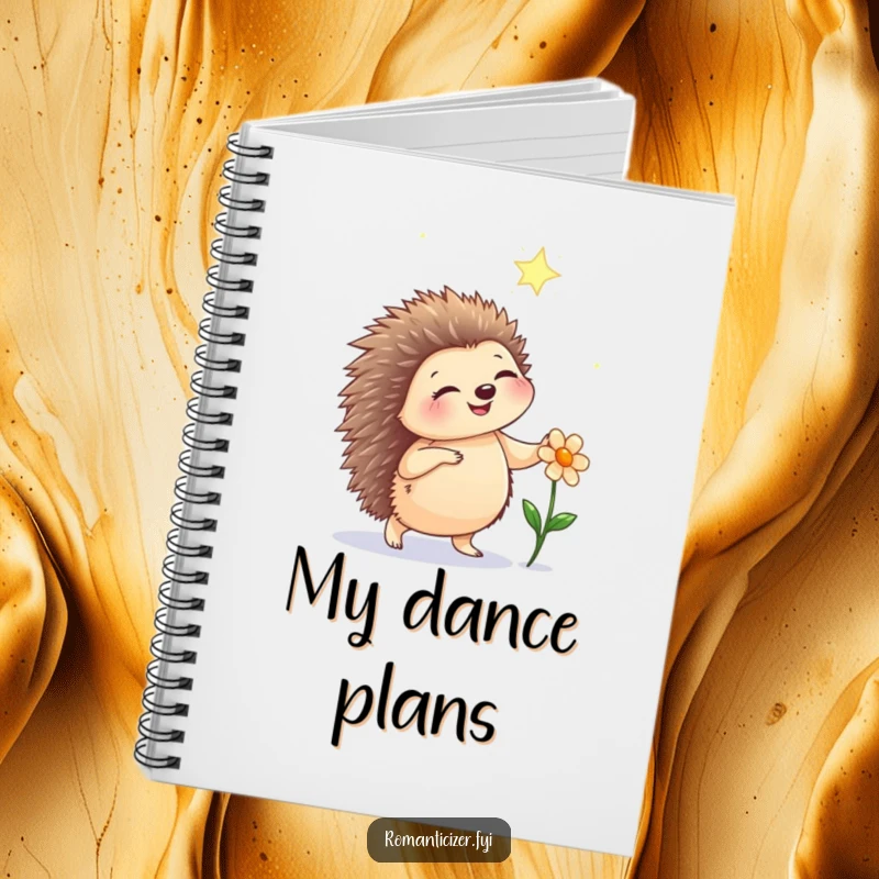 Funny hedgehog notebook with a happy hedgehog dancing under starlight with a flower, perfect for capturing whimsical ideas.