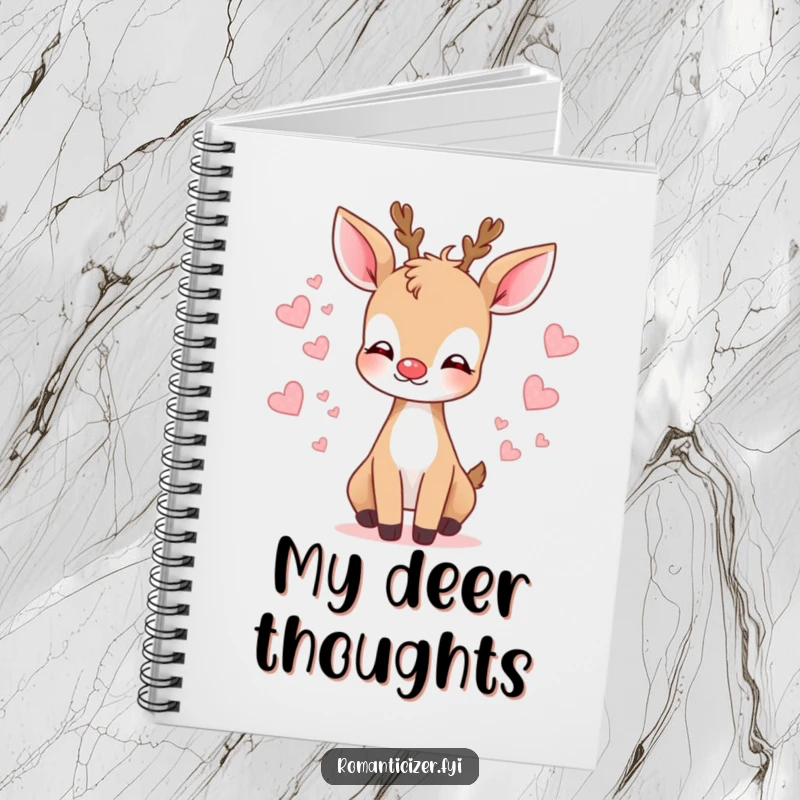 Funny deer kiss notebook with a gentle deer blowing a kiss and hearts, ideal for journaling sweet thoughts.