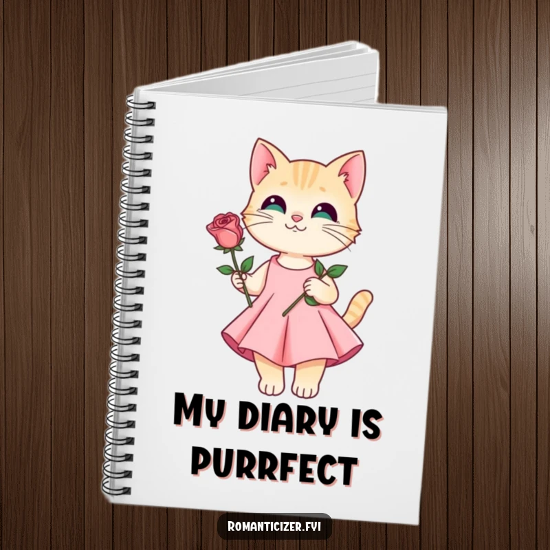 Funny notebook featuring a cat in a formal dress presenting a single rose, ideal for journaling.