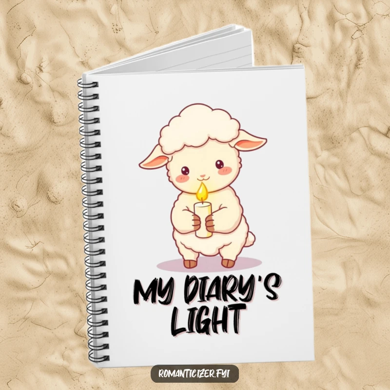 Funny sheep notebook cover depicting a sheep holding a lit candle, casting a soft romantic glow for peaceful note-taking.