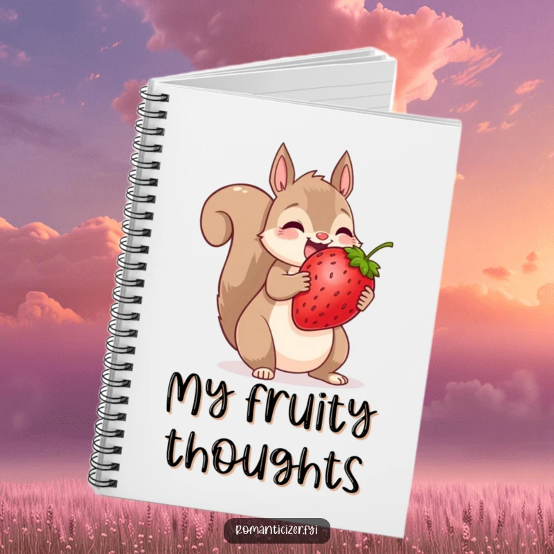 Funny squirrel notebook cover depicting a squirrel sharing a giant strawberry, inspiring humorous generosity.