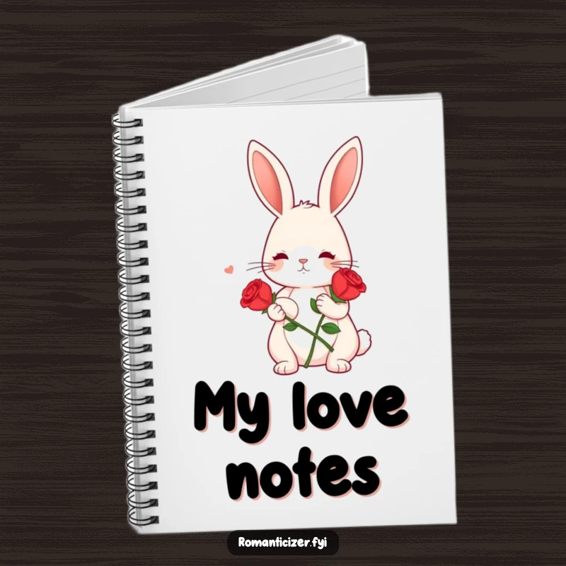 Funny notebook depicting a cute bunny holding a red rose, with a dreamy look, for journaling romantic thoughts humorously.