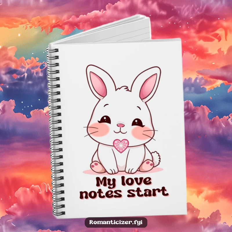 Funny blushing bunny notebook, showing a sweet bunny looking affectionately at a small, sparkling heart icon, perfect for sweet journaling.