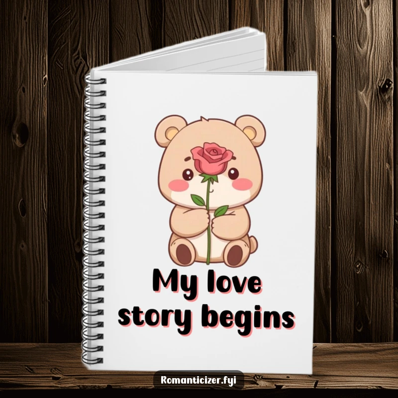 Funny notebook with a cover showing a small bear holding a single perfect rose with a dreamy expression.