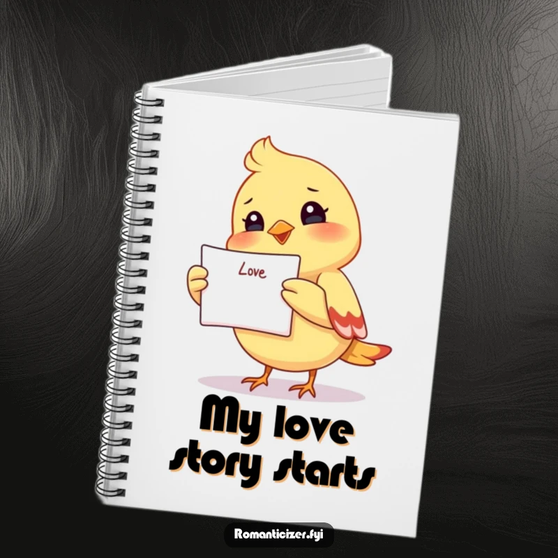 Funny notebook with a joyous small bird holding a love letter, ideal for jotting down ideas with a smile.