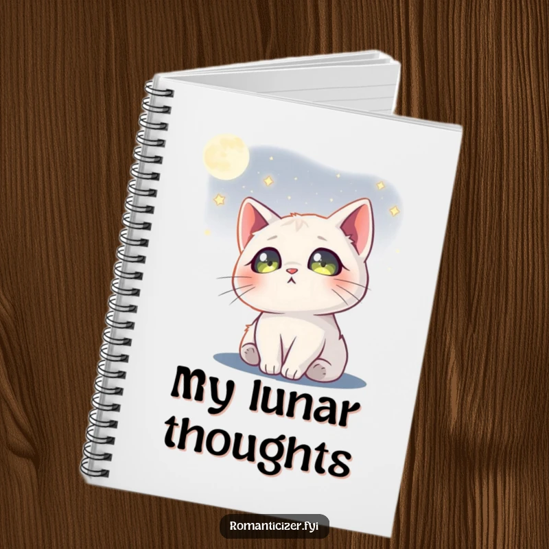 Funny cat moon notebook with a dreamy cat gazing at the moon, stars in its eyes, ideal for journaling.