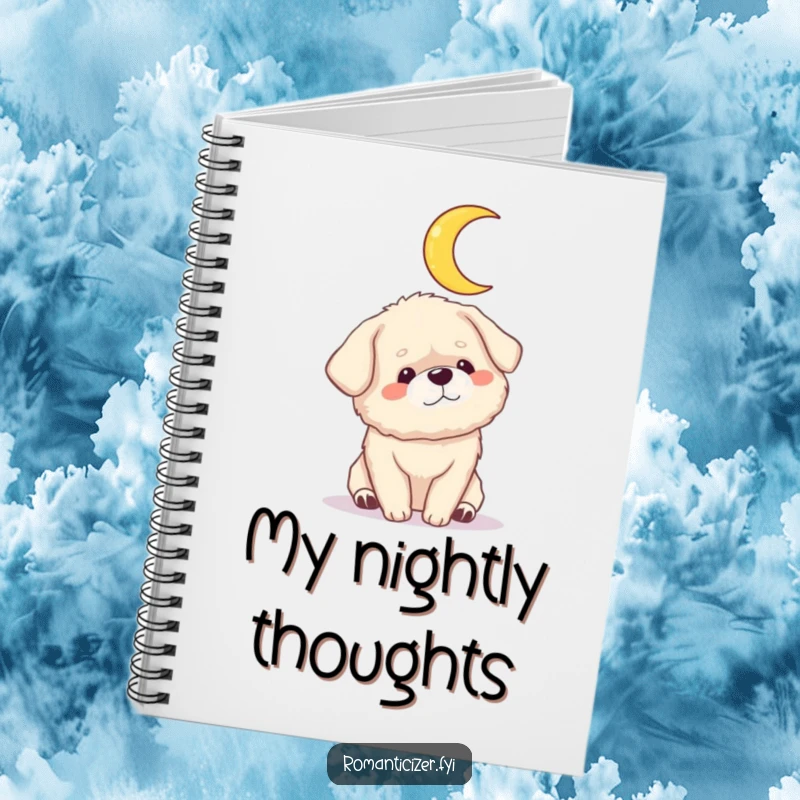 Funny dog moon notebook with a fluffy dog gazing adoringly at a crescent moon. Ideal for notes and dream journaling.
