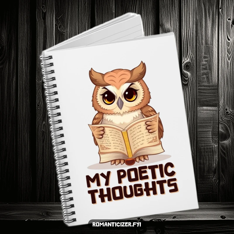 Funny owl notebook cover showing a wise owl reading poetry from an ancient book, great for jotting funny insights.
