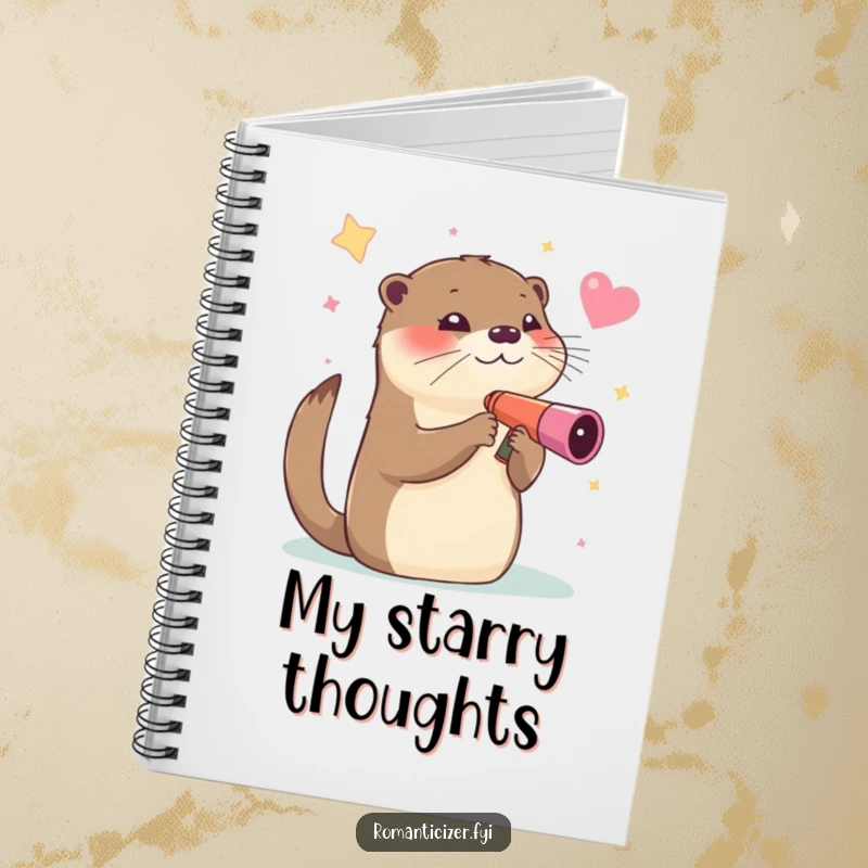 Funny notebook, an otter humorously gazing at stars through a heart-shaped telescope, for jotting down cosmic dreams and stellar ideas.