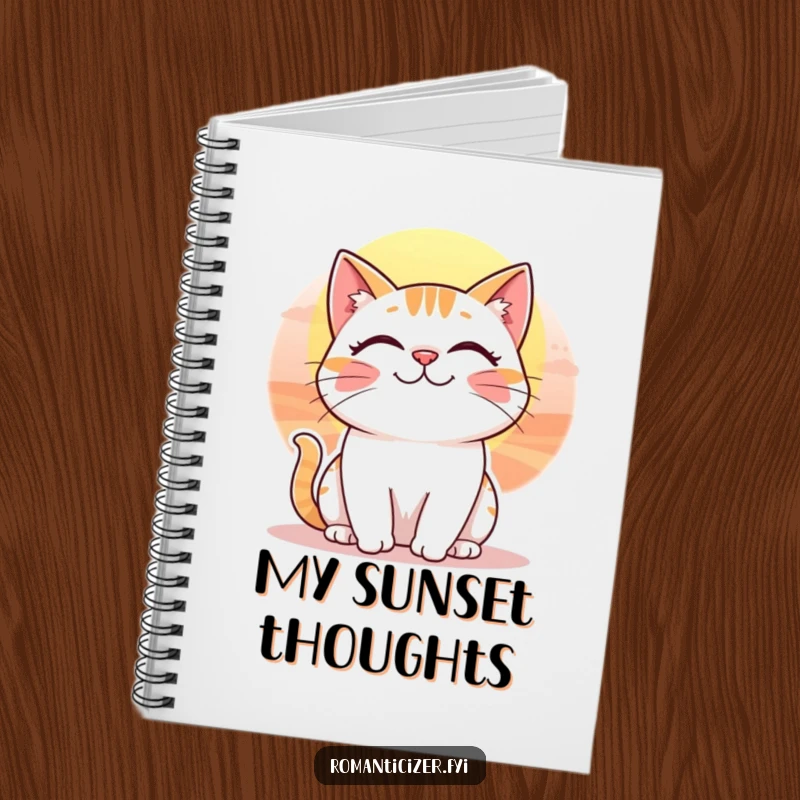 Funny notebook featuring a cheerful cat with a whimsical smile gazing at a beautiful sunset.