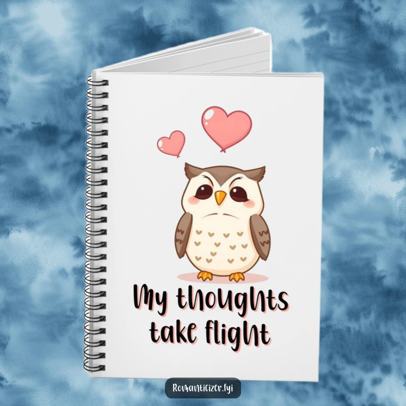 Funny notebook with a contented owl design, watching two hearts ascend, ideal for jotting down ideas and inspirations.