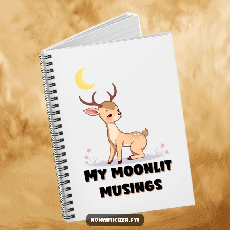 Romantic deer notebook with a graceful deer gazing at a crescent moon. Ideal for journaling and creative writing.