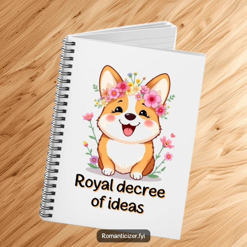 Funny Notebook cover featuring a joyful corgi wearing a wildflower crown and smiling, perfect for capturing thoughts with canine charm.