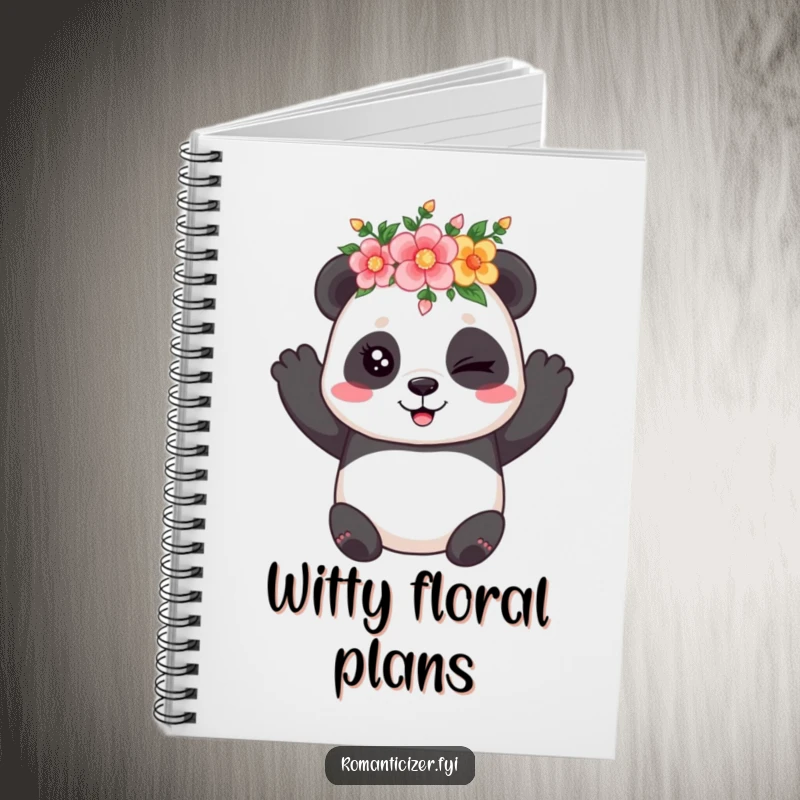 Funny notebook cover with a playful panda in a flower crown, winking coyly, ideal for jotting down whimsical thoughts.