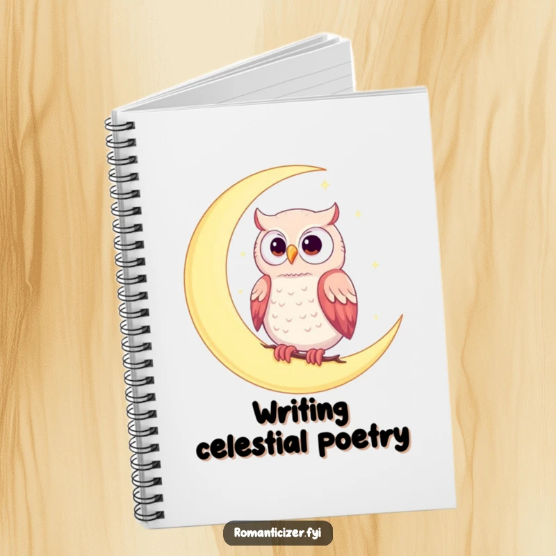Funny notebook cover with a romantic owl on a crescent moon under a starry sky, encouraging whimsical journaling.