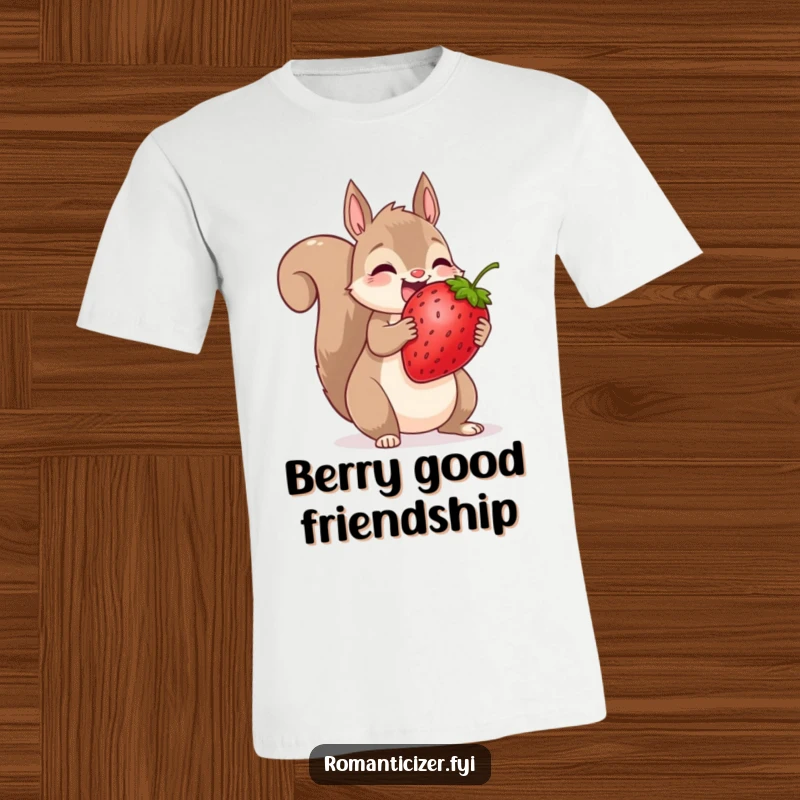 Funny squirrel t-shirt featuring a delighted squirrel sharing a giant strawberry, a humorous statement on generosity.
