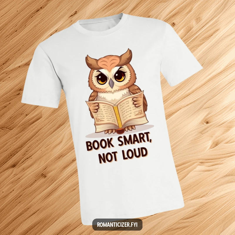 Funny owl t-shirt featuring a wise owl reading poetry from an ancient book, a humorous statement for intellectuals.