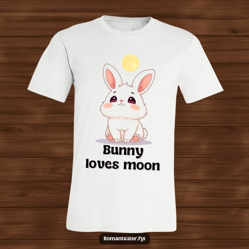 Funny t-shirt featuring a fluffy bunny with wide, adoring eyes gazing towards a luminous moon.
