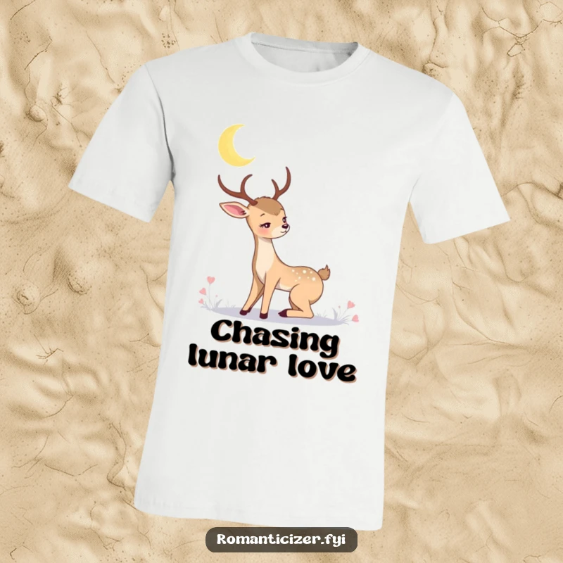 Romantic deer t-shirt showing a graceful deer gazing longingly at a crescent moon against a dark, starry sky. Evokes peace and romance.