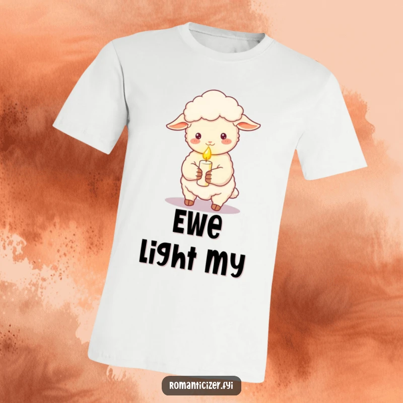 Funny sheep wearing a t-shirt, holding a lit candle with a soft romantic glow, ideal for lovers of comfort and gentle humor.