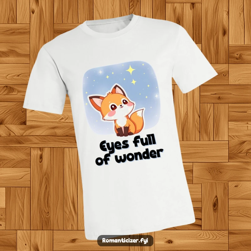 Funny fox t-shirt design showing a delighted fox with twinkling stars in its wide eyes, looking up at the night sky. Magical apparel.
