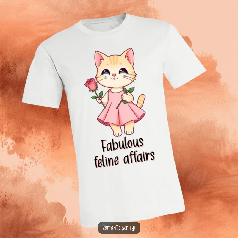 Funny t-shirt with a graceful cat in an elegant dress presenting a single red rose, conveying sweet affection.