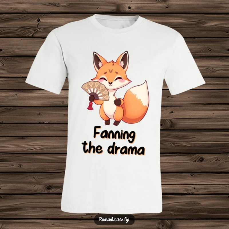 Funny fox t-shirt with a playful fox holding a large, decorative fan and gesturing grandly, embodying drama.