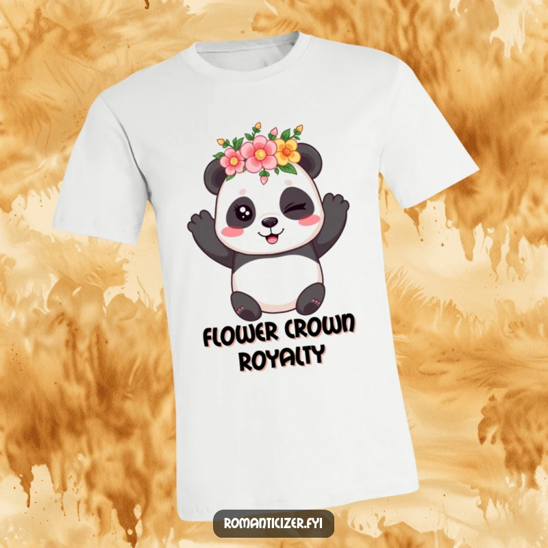 Funny t-shirt displaying a playful panda adorned with a flower crown, giving a coy wink, full of cheeky personality.