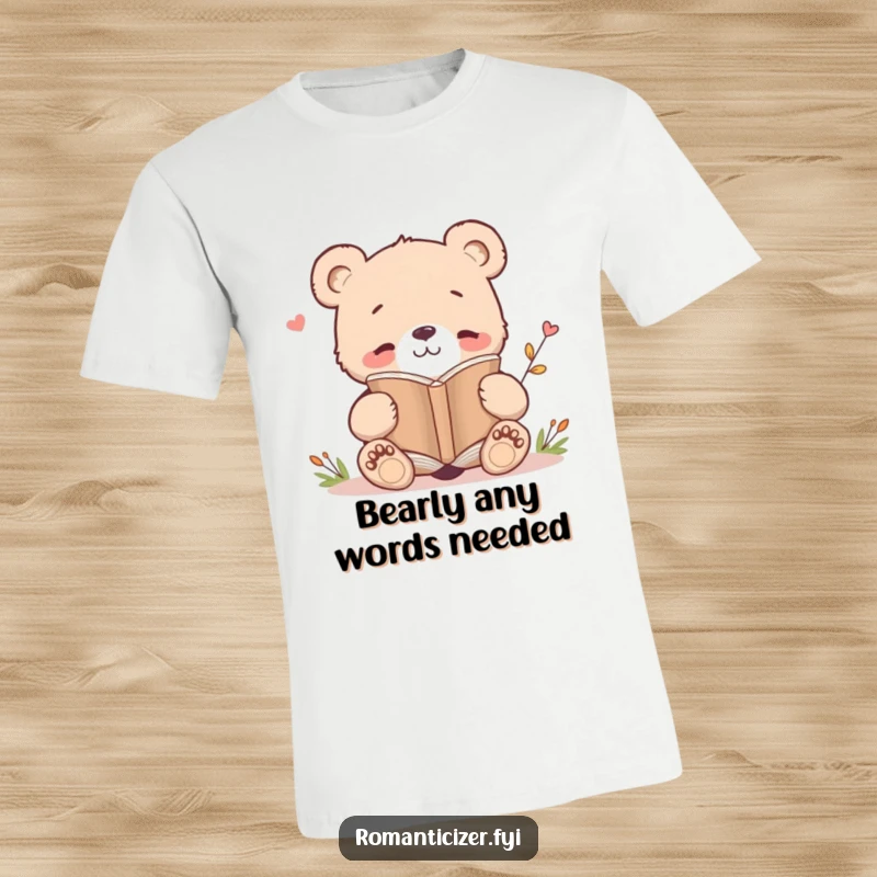 Funny t-shirt showcasing a happy bear cub peacefully reading a poetry book, perfect for literature enthusiasts and humor lovers.