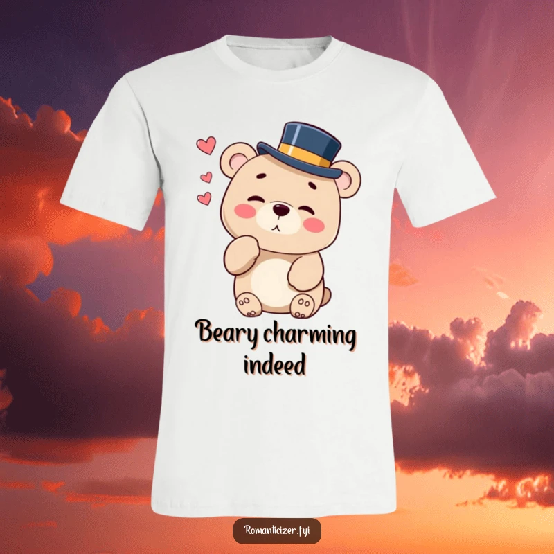 Funny t-shirt with a bear in a top hat blowing a kiss and winking playfully, embodying charisma.