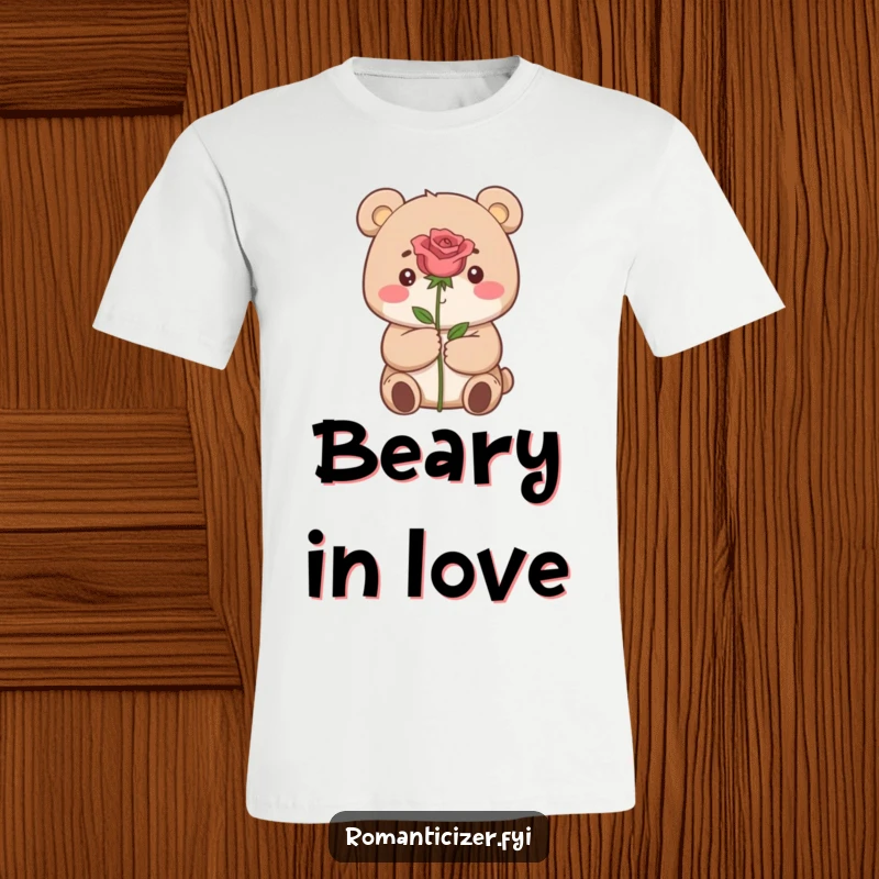 Funny t-shirt with a small, dreamy bear holding a single red rose, expressing hopeful adoration for a loved one.